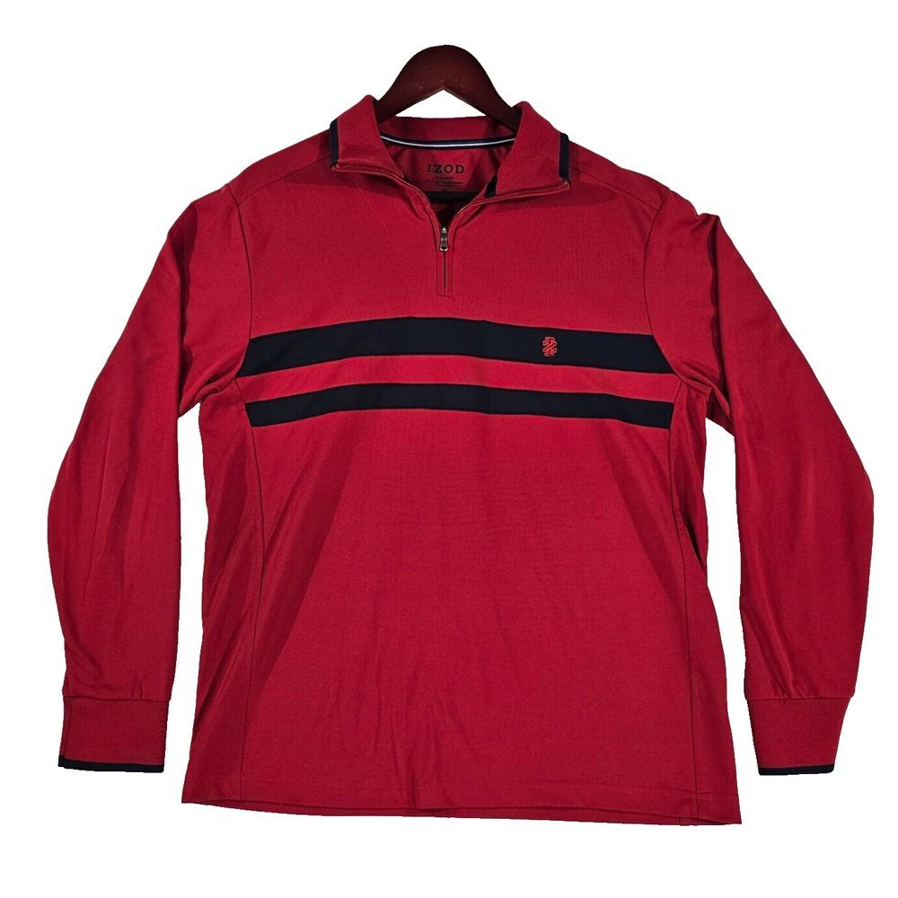 Izod Performance 1/4 Zip Pullover Men's Red Black Stripe Golf Casual Cuffs Sz M‎